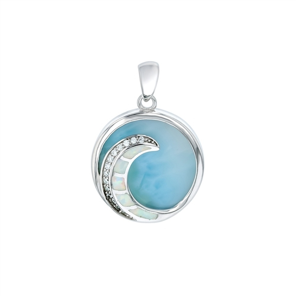 925 Sterling  Silver Larimar White Opal Wave in Circle Pendant  3.85 gm